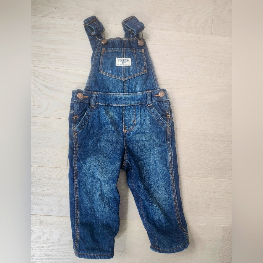 OshKosh B'gosh Blue Denim Fleece Lined Overalls Baby Girl 12 Months